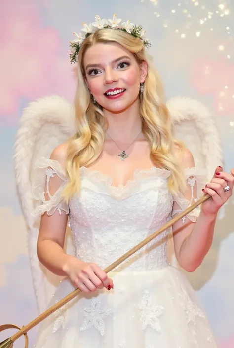 A beautiful blondy Anya  in angel cosplay, her height is 170 centimeters, holding Cupid's bow and arrow, smiles radiantly. The ethereal background features soft pastel clouds and delicate glittering lights, creating a magical atmosphere.
