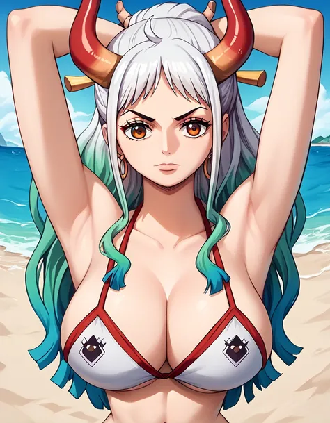 score_9, score_8_up, score_7_up, best quality, source_anime, clear face, 1girl, yamato, blue eyes, large breasts, bandeau-bikini, looking at viewer, beach, arms up, armpits
