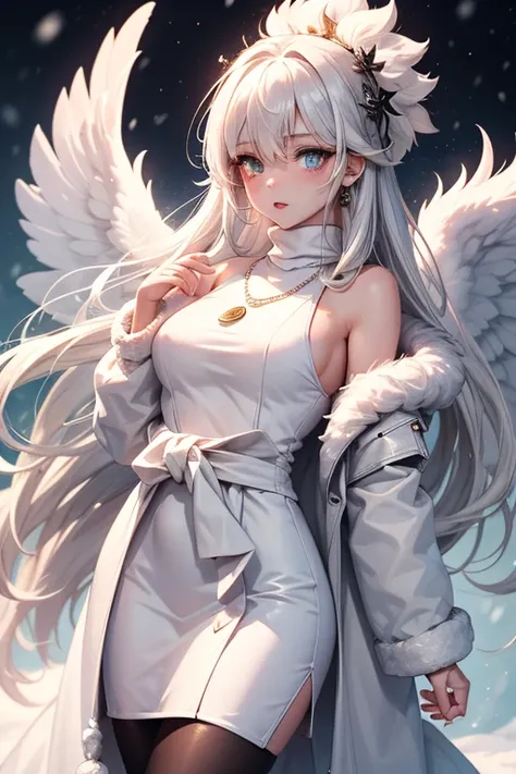 One girl, Milky white hair,Iris heterochromia of the eyes ( orange)   I drew eyeliner around my eyes, Wear a fur coat, Turtleneck Long Dress, necklace, black tights,goddess,Big angel wings growing from the waist,clear,pale light pink lips, Snow Scenery 