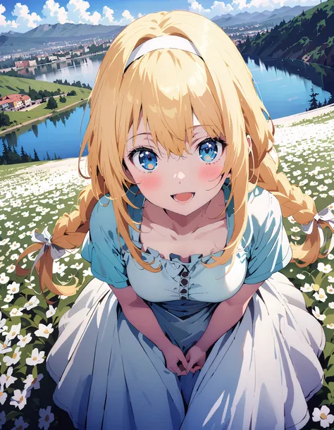 Alicesburg,  Alice Sberg , Alone,bangs,  blue eyes,   blond hair,  smile,blush, open your mouth, hair between eyes, Very long braids,  single braided , headband, white  headband,yellow off-the-shoulder dress,Medium breast, white long skirt, cute heeled san...