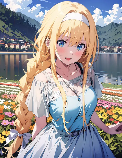 Alicesburg,  Alice Sberg , Alone,bangs,  blue eyes,   blond hair,  smile,blush, open your mouth, hair between eyes, Very long braids,  single braided , headband, white  headband,yellow off-the-shoulder dress,Medium breast, white long skirt, cute heeled san...