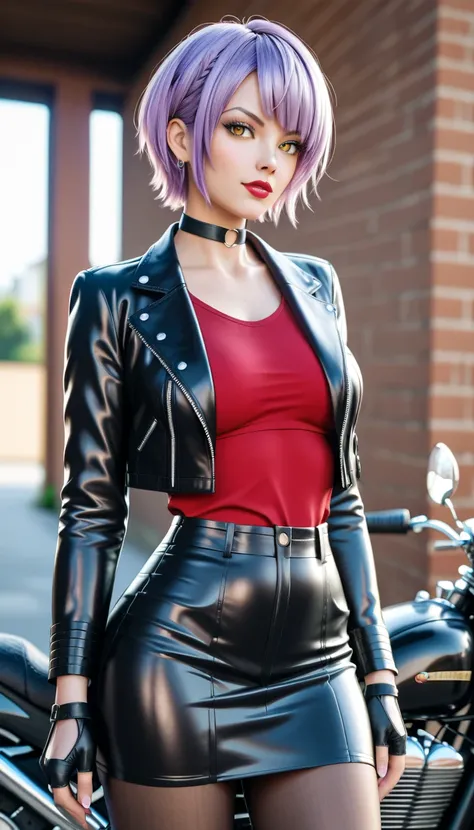 1 ,        masterpiece,        High quality,       ultra realistic, silky hair,      purple hair,  ,     short hair,     yellow eyes     ,     an illegal biker     , ,      open black leather jacket     ,  red blouse underneath     ,   Short black leather ...