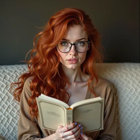  curly woman with red-haired hair lying face down on a couch wearing a white lace bra, reading a book with rimless glasses looking at the camera , red-haired, beautiful woman Red-haired, red-haired, ela é red-haired, woman Red-haired, red-haired hair and a...