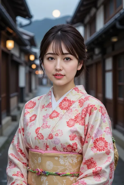(((full body))), (((full body shot))), best quality, masterpiece, super high resolution, beautiful Japanese girl, Kind Face, green eyes, kind smile, Curvy Body, big boobs, updo brown hair, Japanese female Cloth Outfit, Japanese kimono, (((off shoulders:1.5...