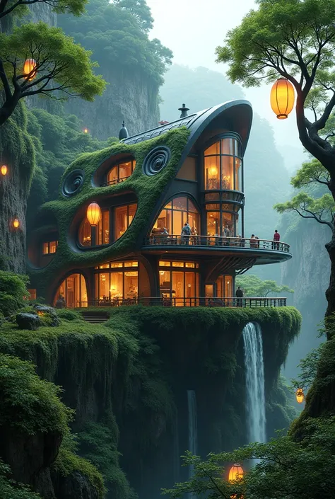 Japanese cyberpunk house with Ghibli elements