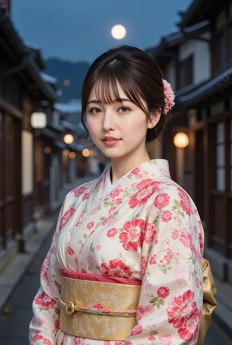 (((full body))), (((full body shot))), best quality, masterpiece, super high resolution, beautiful Japanese girl, Kind Face, green eyes, kind smile, Curvy Body, big boobs, updo brown hair, Japanese female Cloth Outfit, Japanese kimono, (((off shoulders:1.5...