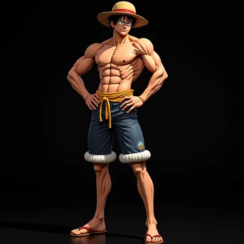 Recreate the character Luffy in the Snakeman shape but with much larger muscles and shorter shorts and a black background, His legs should have more shadows just to define the muscles without excess shadows, Remember that he must be extremely muscular with...