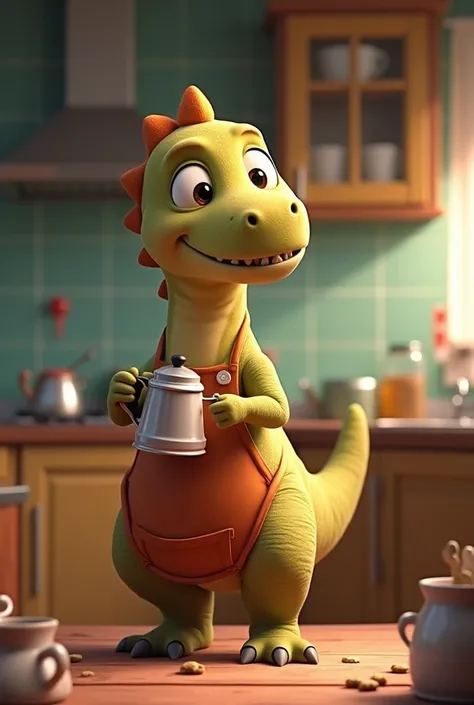 An animated dinosaur  making coffee 