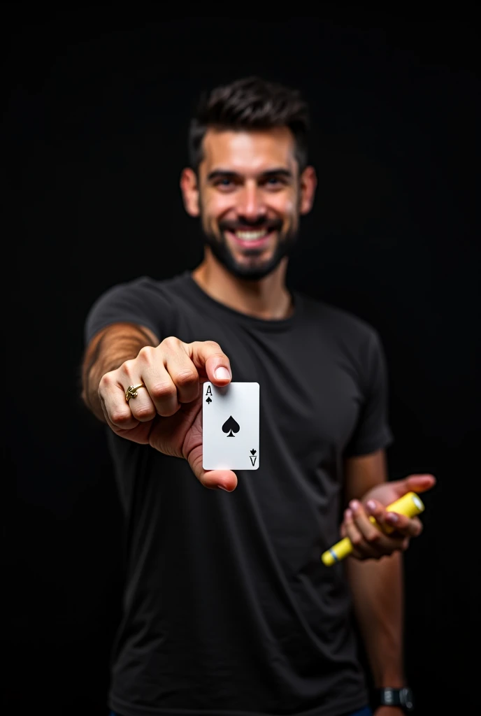  A man from Arafat points to a white card with a smile, an image of Aleksander Kobzdej , shutterstock,  digital art,  holding a small vaporizer ,  offering the spectator a pill ,  holding a yellow toothbrush , young man wearing shorts ,  man in his 30s , H...