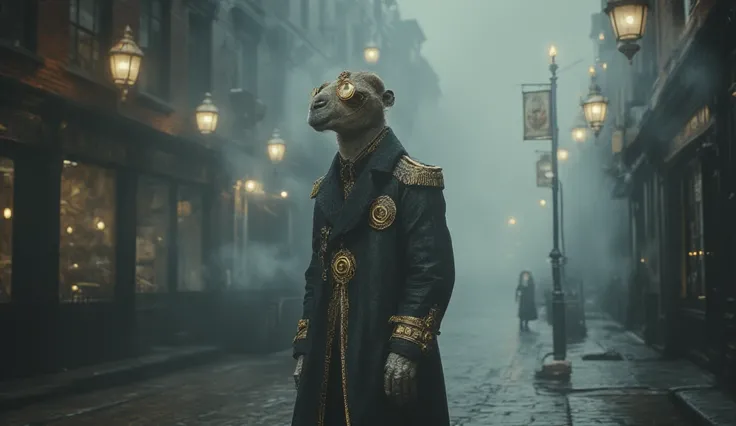 Ultra-smooth coherent movement. IMAX cinematic quality, hyper-detailed photorealism, extreme realism. Epic. In a fog-covered, gaslit Victorian street, Alim, a tall, imposing camel-human hybrid, stands on a cobblestone road. His face blends camel-like featu...