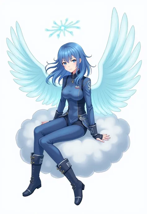  Young adult girl with angel wings,blue military clothing,blue boots, blue eyes, with blue energy in her body ,Sitting on a cloud , On white background ,2D anime version 