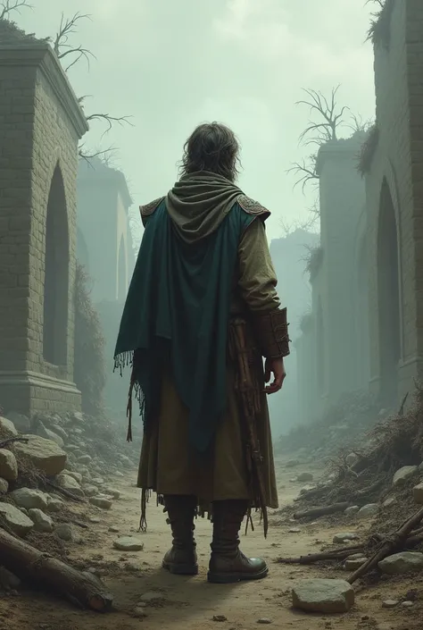 Make the protagonist look like he was from previous times, And that I'm not close, Do it looking at a destroyed landscape while mourning, Let it be far away, And looking back