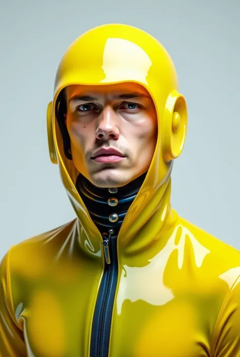 Cybernetic man, young adult, light skin, with a translucent, yellow , plastic-like helmet/hood covering his head and shoulders, creating a futuristic and almost armored aesthetic. The helmet curves over his head, flowing down like a translucent shroud. Mec...