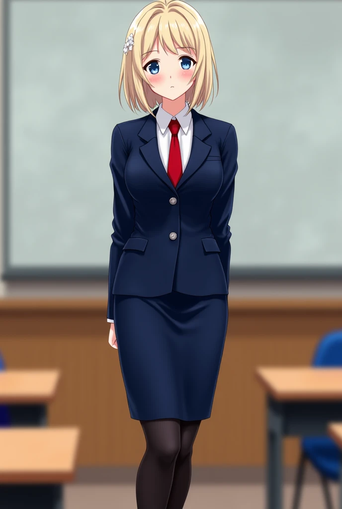  anime photo style, soul, 2D、Women's solo 、Turn your eyes,  beauty 、Cool  beauty 、(  wearing black knee-length stockings :1.2)、  girl wearing red loop ties  、( blue symmetrical eyes :1.2)、( big boobs:1.2)、 Navy blue blazer  디테일  、   eyebrows seen through t...