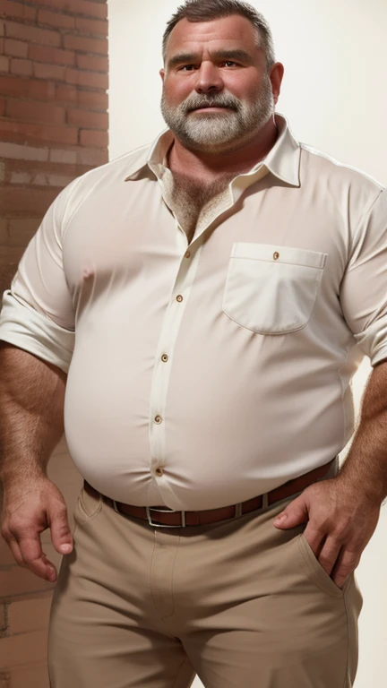 fat strong white middle aged man。 gentle expression 。  white open collared shirts 。brown chinos 。  has no background。 Precise depiction。 Highest Resolution 。Maximum number of pixels。 Best Picture Quality 。 hyperreal。 Photorealistic 。