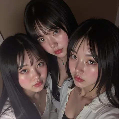 that, 3 garotaS, 3 irmãS, Selfie, S, Korean, Idol, thin , olhoS puxadoS, olhoS grandeS, franja Separada do lado direito , youthful appearance , light black hair , detalheS eyeS, student , ÍriS, Sorrindo, SorriSo, roSto arredondado, youthful appearanc...
