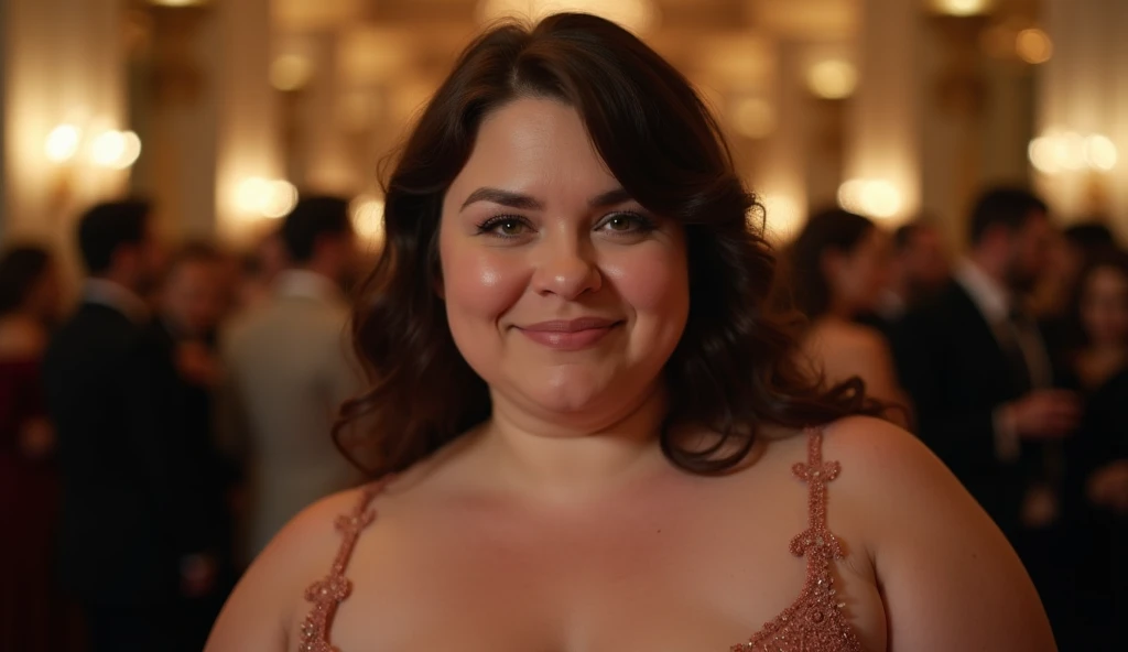 A 28-year-old overweight woman with dark brown hair and expressive green eyes. She has a soft, more vulnerable expression, dressed simply in a comfortable, plain dress. In the background, a luxurious event.

