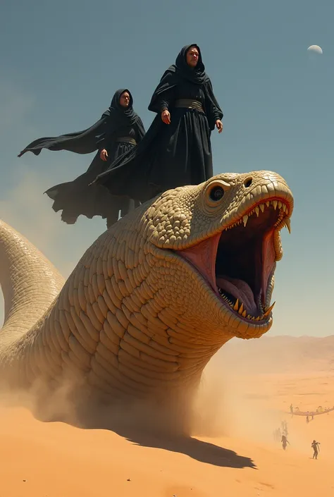 Dune fremen in the Arrakis desert dominating a giant desert worm. Shai Hulu. black clothes . 