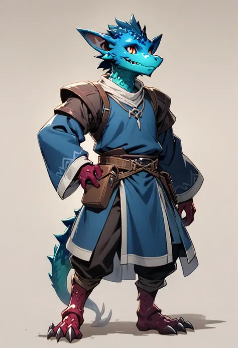  solo male, blue skin, blue scales, (((Kobold)), (detailed kobold)) wearing a adventure equipament , a cleric clothes , character design, 