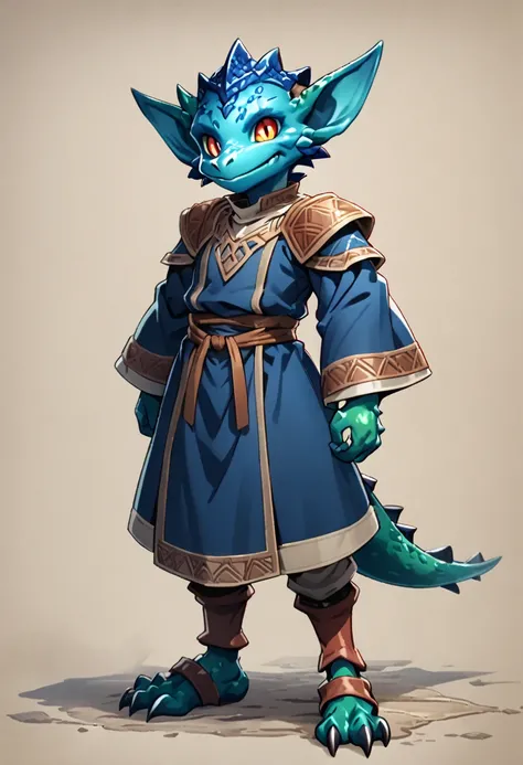  solo male, blue skin, blue scales, (((Kobold)), (detailed kobold)) wearing a adventure equipament , a cleric clothes , character design, 