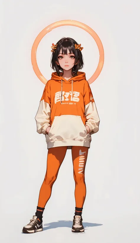 Fisheye Wide Angle  ,  Off-white and Orange Hoodie  , Fisheye Wide Angle  １ of Mori Gutterpunk women  , A giant circle of glowing marble angels、 bangs with lots of flowers 、 wearing leggings and trainers 、 with white lettering put your hands in your pocket...