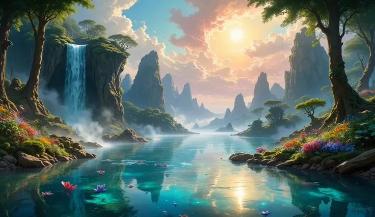 baptism,baptism,Garden of Eden,colorful, dream landscape , cloud, light piercing through the cloud,  reflection on the surface of the water , gentle waterfall,flower々,calm atmosphere, Rich in detail, surreal beauty, magical aura,  Fantastic Landscape ,  hi...