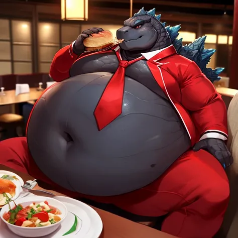 by lollipopcon, by azelyn, by bakemonoy, 1solo, A fat, muscular, menacing looking (1godzilla), couldn't be happier, (elegant red attair suit, red tie:2), (pudgy, belly huge enormous:1.8), (overhang:1.4), (eating dinner by table:1.75) (godzilla is sitting a...