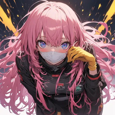  1girl, horny, Shikimori Miyako  ((   extra long yellow medical latex gloves)), ( black paramedic suit   ), ((long sleeves)),  long pink hair,  looks at the viewer,  shiny blue eyes  , standing, One,   medical mask  , medical apron  