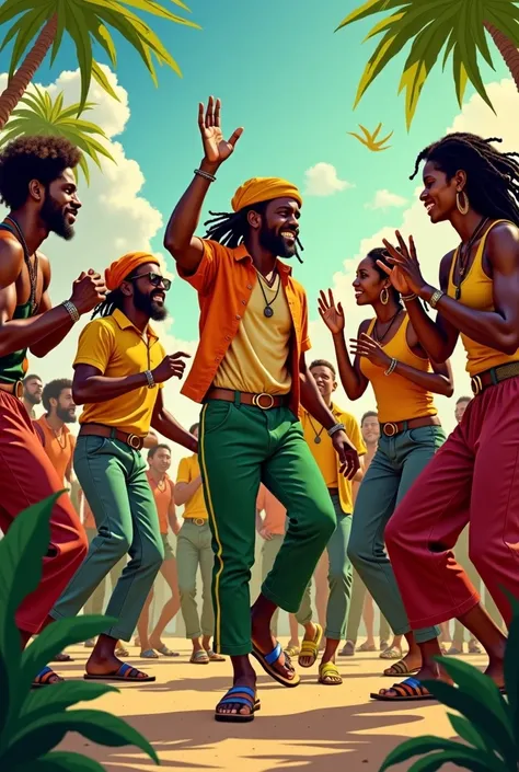    Create a poster in size 9   :16 with the reggae theme   ,    just don't put any information written on the image,   Just people dressed in reggae style dancing ,  Change some characters ,  Be a main woman , Include beautiful women , This command is impo...