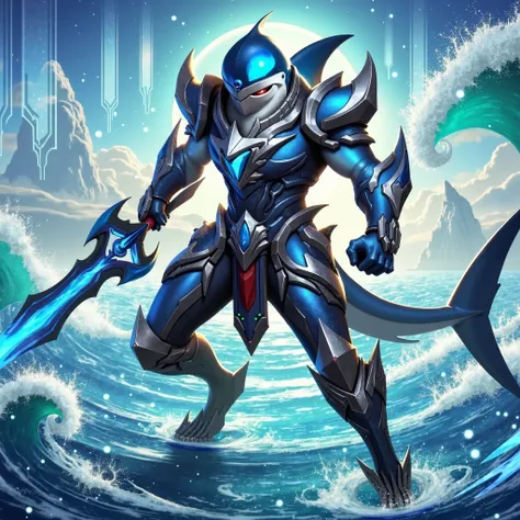 futuristic shark with cybernetic enhancements, designed in the style of Link Joker from Vanguard. The shark has a sleek black and purple metallic body with glowing blue energy lines, floating in space with a nebula background. The design includes intricate...