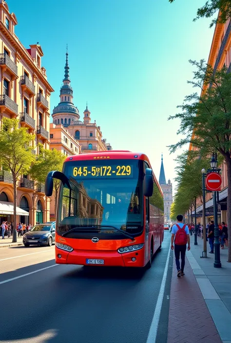  Make me an image related to tourism  ,  with a title that says César Trável Madrid ,  the image with a bus on the road ,  with a sign showing my telephone number for reservations , 645 572 229  . 
