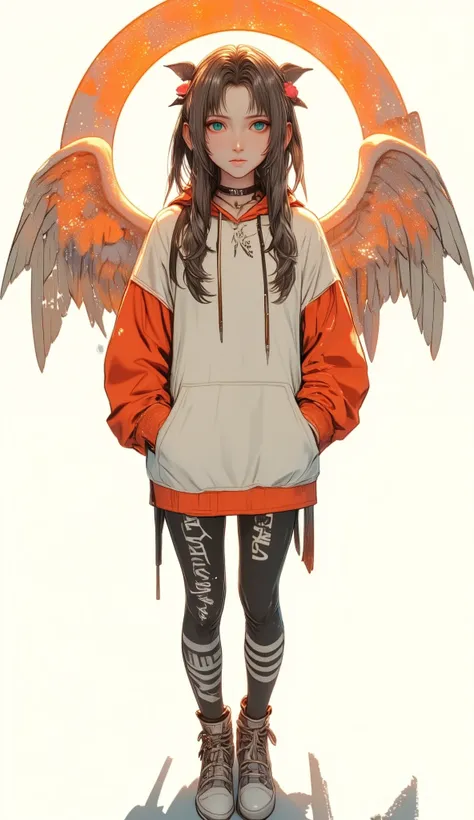 Fisheye Wide Angle  ,  Off-white and Orange Hoodie  , Fisheye Wide Angle  １ of Mori Gutterpunk women  , A giant circle of glowing marble angels、 bangs with lots of flowers 、 wearing leggings and trainers 、 with white lettering put your hands in your pocket...