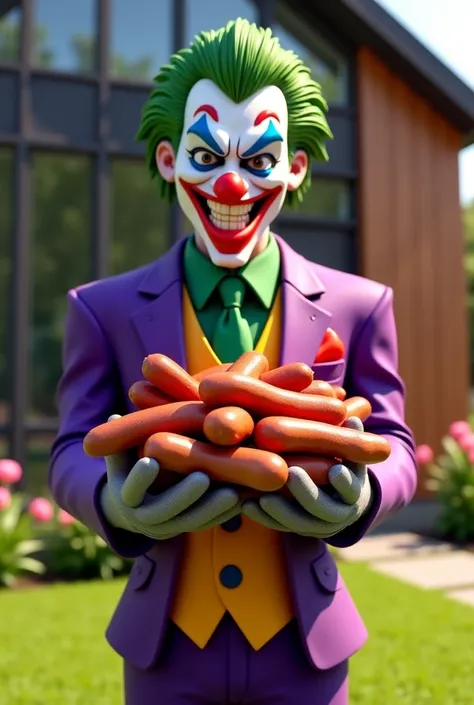 A digitally rendered image of a sinister yet playful clown character inspired by the Joker, standing in front of a modern house with large windows, wooden paneling, and a well-maintained garden with lush green grass and vibrant flowers. The character has s...