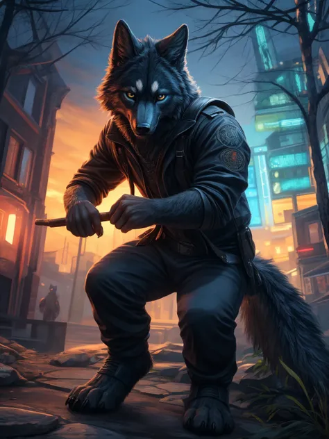 (( best quality, highres, 4k, 8K)), ( Detailed, realistic,   bright colors  ) wolf, anthropo, man,  black fur , Ojos Dorados, provided members ,  5 fingers, proportional hands,  4 toes ,  proportional legs , pink pads , black claws,  proportional claws ,  ...