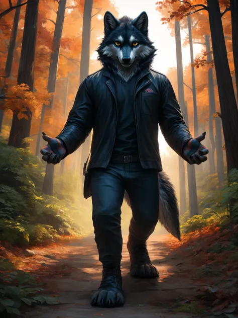 (( best quality, highres, 4k, 8K)), ( Detailed, realistic,   bright colors  ) wolf, anthropo, man,  black fur , Ojos Dorados, provided members ,  5 fingers, proportional hands,  4 toes ,  proportional legs , pink pads , black claws,  proportional claws ,  ...