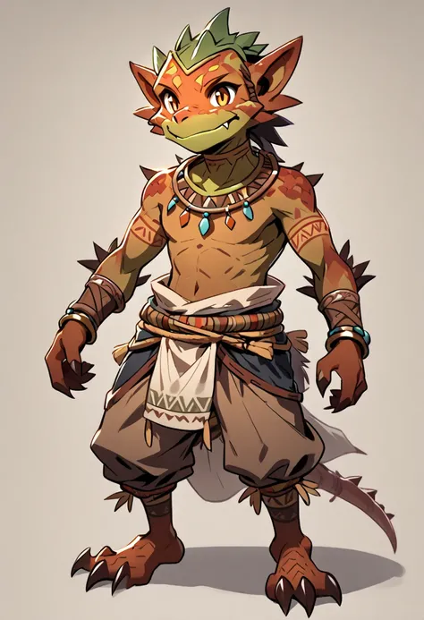  solo male, brown skin, brown scales, (((Kobold)), (detailed kobold)) wearing a adventure equipament , a tribal clothes , character design, 