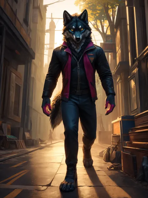 (( best quality, highres, 4k, 8K)), ( Detailed, realistic,   bright colors  ) wolf, anthropo, man,  black fur , Ojos Dorados, provided members ,  5 fingers, proportional hands,  4 toes ,  proportional legs , pink pads , black claws,  proportional claws ,  ...