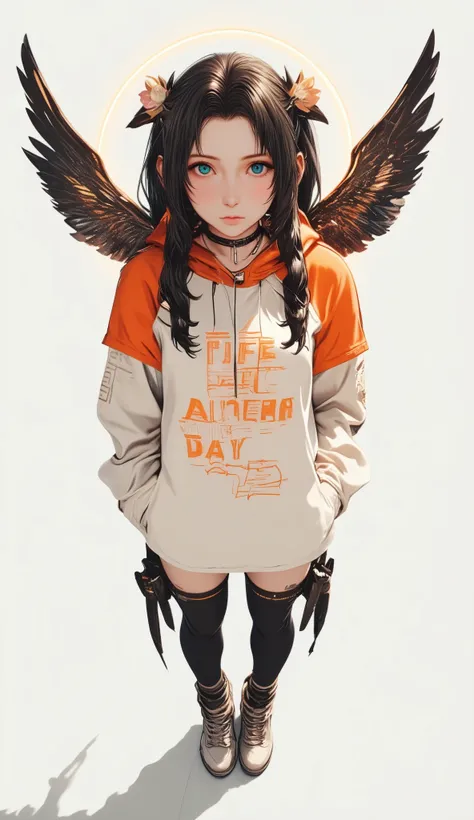 Fisheye Wide Angle  ,  high angle、 Off-white and Orange Hoodie  , Fisheye Wide Angle  １ of Mori Gutterpunk women  , A giant circle of glowing marble angels、 bangs with lots of flowers 、 wearing leggings and trainers 、 big breasts、 chest、 with white letteri...