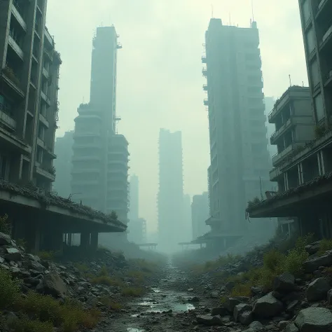 Destroyed but futuristic city (((polluted background and apocalyptic environment))), (((Futuristic destroyed buildings)))