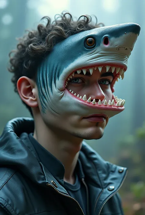 23-year-old boy with shark face and short curly hair