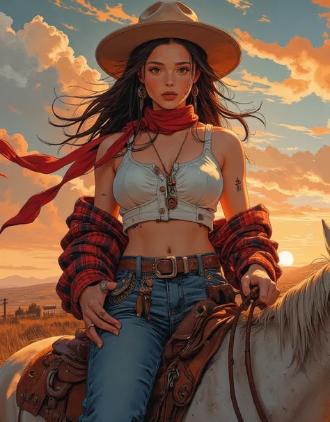 ((cowgirl)), long beautiful hair, ((under boob)), (white button up crop top), flannel, anime girl, ((small boobs)) dusty, farm, epic clouds, back lit, (beautifully detailed face), beautiful abs, dripping wet, (tall), (long torso), seductive clothes, seduct...