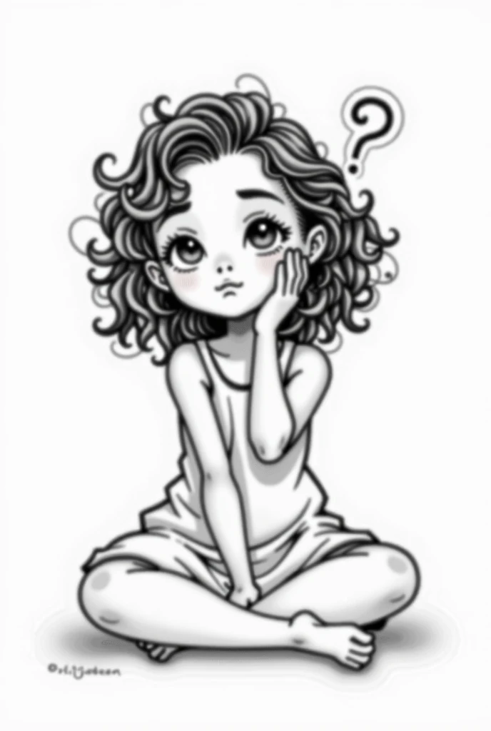 Hand-drawn pencil sketch of a ** Hispanic/Latina girl** with a medium skin tone and curly/wavy dark brown hair, sitting cross-legged on the ground. She is **shrugging her shoulders playfully** with a puzzled yet friendly expression, as if saying **"I don’t...