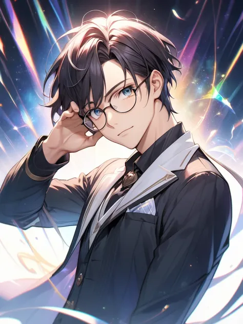 Faithfully reproduce the gesture of wearing glasses, Magical moments, He looks at the viewer ,  looking up at the camera, Trying to gauge his mood,  bright and charming eyes, ( dynamic shot from the side:1.1,  Glance Shot ), 