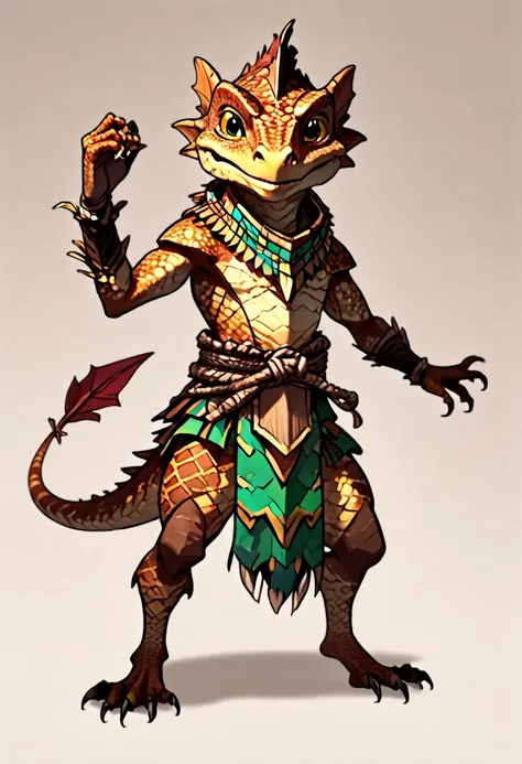  solo male, brown skin, brown scales, (((Kobold)), (detailed kobold)) wearing a adventure equipament , a tribal clothes , character design, 