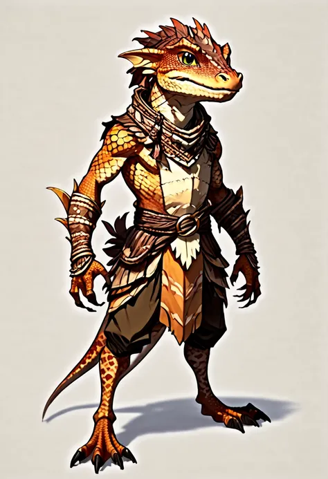  solo male, brown skin, brown scales, (((Kobold)), (detailed kobold)) wearing a adventure equipament , a tribal clothes , character design, 