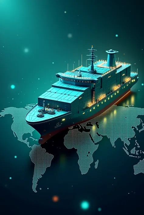 Create a futuristic, fully integrated shipping technology ecosystem. Include smart ships, automated ports, satellite networks, blockchain technology, AI hubs, drones, and green energy solutions. Use a cool blue and green color palette with glowing neon acc...