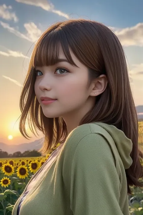 Side View,  Girl in a Vast Sunflower Field ,  Wears a Green Blouse and Thin Cardigan,  Looking Bright and Happy , At sunset, The golden sunlight shining through my hair is swaying in the wind. ( Masterpiece, by Nomi, top quality):1.4,  Delicate Pictures , ...