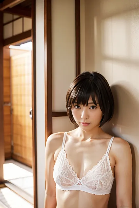 35-year-old Japanese woman with small breasts and short black hair、Open chest shirt with white underwear、 turn around