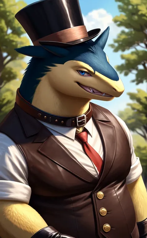 Solo, Male, close up, fat, musclegut, obese, steampunk, 1920s gentleman, dapper Typhlosion, tilting head down, blue eyes, wearing a big leather collar around his neck, (soft shading), 4k, hi res, ((detailed face, detailed)), looking at viewer, evil grin, c...