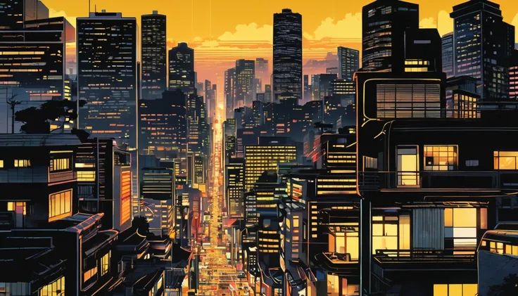 Highly detailed 80's Japanese city pop style illustration depicting the city and downtown at dusk. Illuminated modern buildings and golden windows contrast warmly with the deep black and yellow gradient of the sky. The overall composition captures the nost...